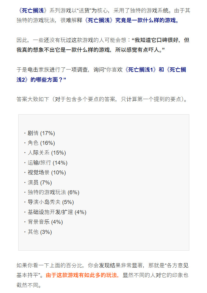 《死亡搁浅》调查：故事最受关注、小岛本人只有5%